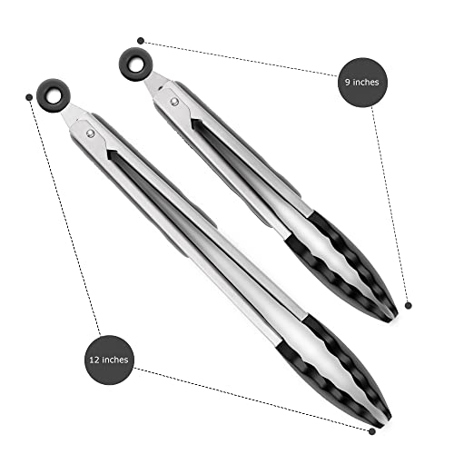 2 Pack Silicone Kitchen Tongs, 9 & 12 Inch, Stainless Steel, Black | Heat Resistant to 500°F with BPA-free Silicone Tips, Locking Clip and Nonslip Handles for Nonstick Cookware and Grilling