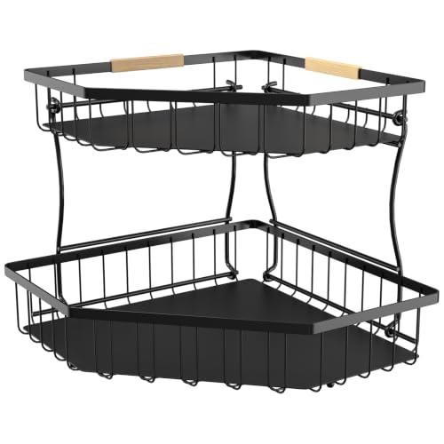 2 Tier Fruit Basket for Kitchen Counter with 2 Banana Hangers for Corner | Detachable Metal Fruit Bowl with Wooden Handle, Large Capacity Fruit Stand for Bread Fruit and Vegetable Storage, Black