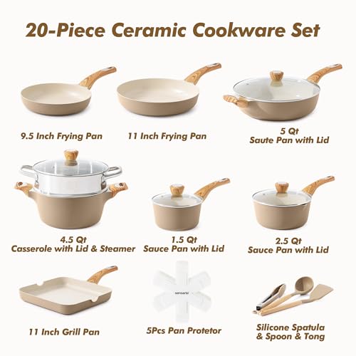 SENSARTE Ceramic Cookware Sets, Pots and Pans Set Nonstick, 20-Piece Induction Cookware, Non-toxic Healthy Non Stick Kitchen Cooking Set with Stay-Cool Handles, PFAS PTFE PFOA PFOS Free