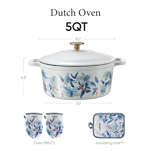 CAROTE 5QT Enameled Floral Cast Iron Dutch Oven Pot with Lid