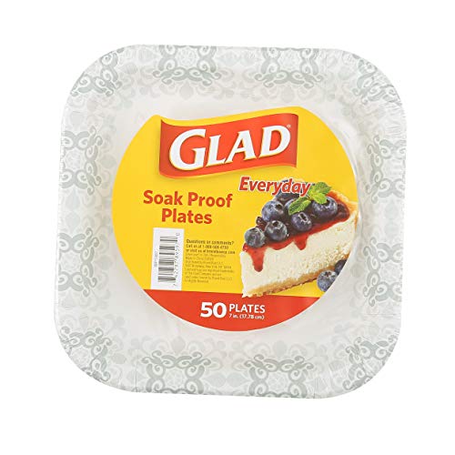 Glad Square Disposable Paper Plates, Grey Victorian, 7 Inch, 50 Count | Heavy-duty paper, soak-proof and cut-proof, microwaveable, parties and everyday meals