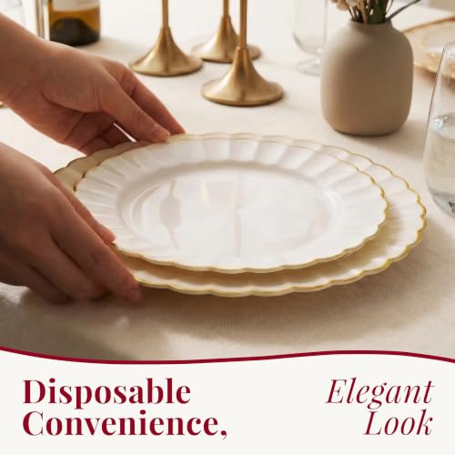 By Madee HEAVYWEIGHT Ivory Gold Scalloped Plastic Plates for Wedding 100 Pc | 30% Heavier • Heavy Duty Thanksgiving Plates • Thanksgiving Plastic Plates • 50 Dinner & 50 Dessert • Beautiful Fall Hosting
