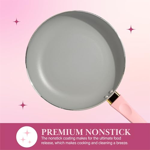 Paris Hilton Epic Nonstick Pots and Pans Set, Multi-layer Nonstick Coating, Tempered Glass Lids, Soft Touch, Stay Cool Handles, Made without PFOA, Dishwasher Safe Cookware Set, 12-Piece, Pink