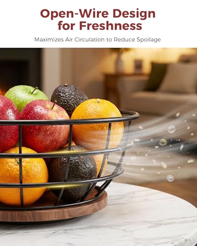 Sevenblue 360° Rotating Fruit Bowl for Kitchen Counter with Banana Holder | Stable Metal Basket with Wooden Lazy Susan Base, Upgraded Banana Hanger Prevents Bruising, Ideal for Fruits, Bananas & Snacks