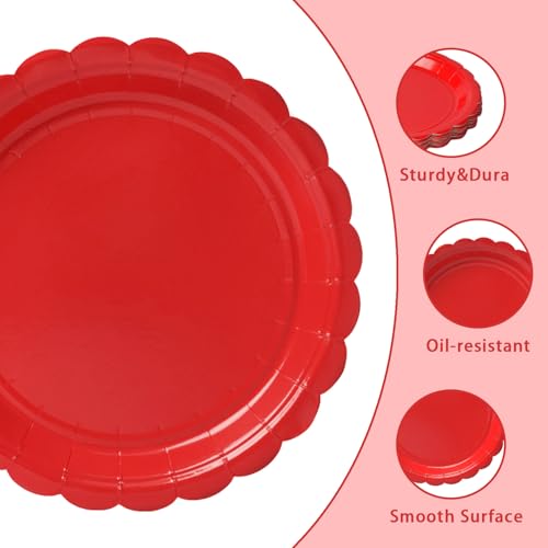 Vyntra 50 Pcs Red 7 Inch Scalloped Paper Dessert Plates | 50 Scalloped 7-Inch Dessert Plates for Cake, Snacks and Appetizers; Christmas, Holiday Dinners and Birthdays