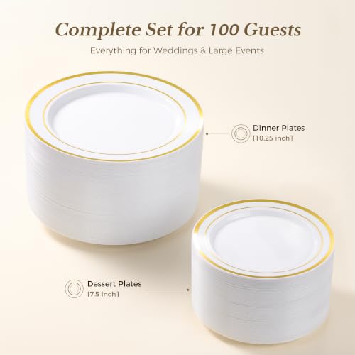 BESTVIP 200PCS Gold Plastic Plate, Disposable Party Plates | 100 Dinner Plates and 100 Dessert Plates, Plastic Plates for Party, Wedding and Birthday