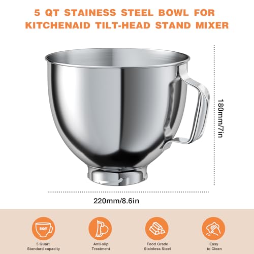 5 QT Stainless Steel Mixer Bowl for KITCHENAID TILT-HEAD 4.5-5 Qt Mixer | Anti-slip handle & Prominent Clasp, Food-Grade, Stainless Steel Polished