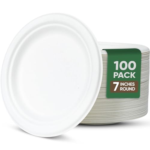 TaidMiao 7 Inch Paper Plate 100 Pack White Disposable,100% Compostable | Heavy Duty Paper Plates, Microwavable Safe, Water & Oil Proof Dessert Plates, for Party, Birthday, Cake, Appetizer