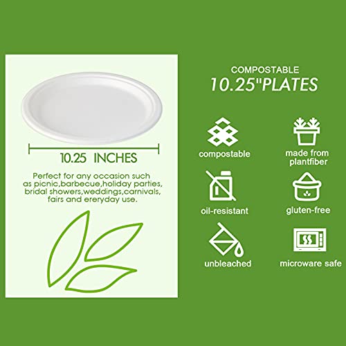 Vplus 150 Pack Compostable Bagasse Paper Plates 10.25 inch, White | Super Strong Paper Plates, 100% Bagasse, Natural Biodegradable, for Dinner, Gathering, and Picnic