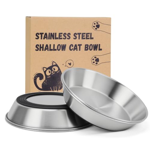 Petdream 4-Pack 304 Stainless Steel Cat Food Bowls, Non-Slip Basic Dishes | Food Grade Whisker-Friendly Silicone Bottom Water Metal Bowl, Easy to Clean Indoor Shallow Plates for Cat, Kitten, Pet (5.9")