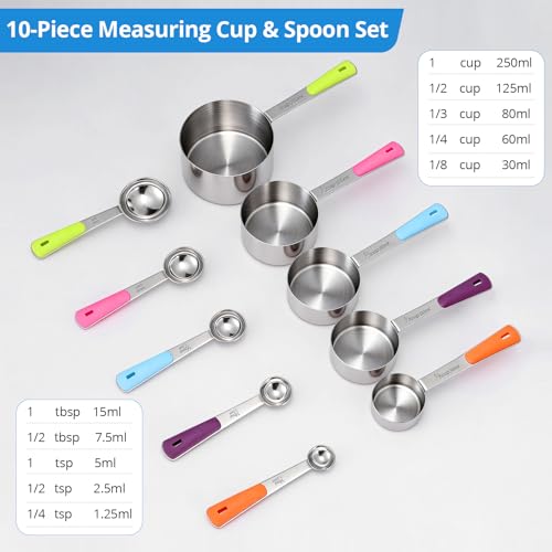Bopei 10-Pcs Stainless Steel Measuring Cups & Spoons Set, Colorful Handles | Dry and Liquid Ingredients, Dishwasher Safe, Nesting for Cooking and Baking