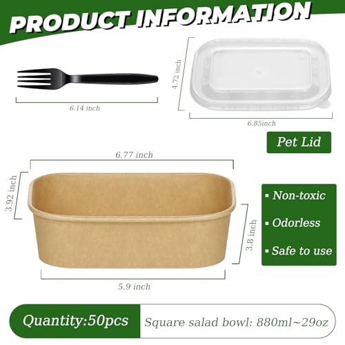 50 Disposable Meal Prep Containers 29oz Kraft Paper Bowls with Lids & Forks | Leak-Proof, BPA-Free, Freezer & Microwave Safe, Disposable Food Containers for Lunch, Deli Salad, Snack, Meal Prep & Takeout