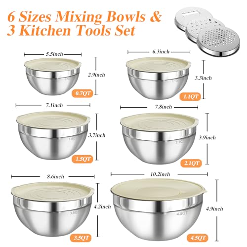 Winproper Mixing Bowls with Lids Set, 6 PCS Stainless Steel Mixing Bowls with 3 Grater Attachments, Kitchen Food Storage Organizers Nesting Mixing Bowl, Large Size 4.5, 3.5, 2.1, 1.5, 1.1, 0.7QT