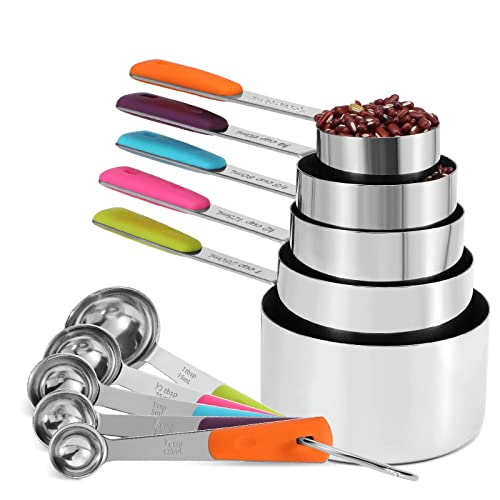 Bopei 10-Pcs Stainless Steel Measuring Cups & Spoons Set, Colorful Handles | Dry and Liquid Ingredients, Dishwasher Safe, Nesting for Cooking and Baking