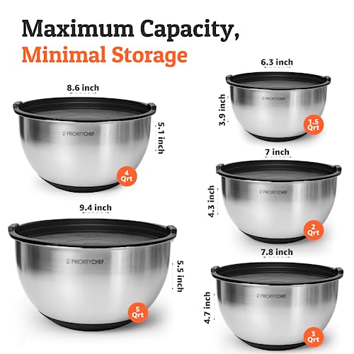 Premium Mixing Bowls with Airtight Lids Set, Thicker Stainless Steel, Black | 1.5-5 Qt Metal Nesting Bowls with Non-Slip Base that are Ideal For Baking, Serving and Storing in the Kitchen