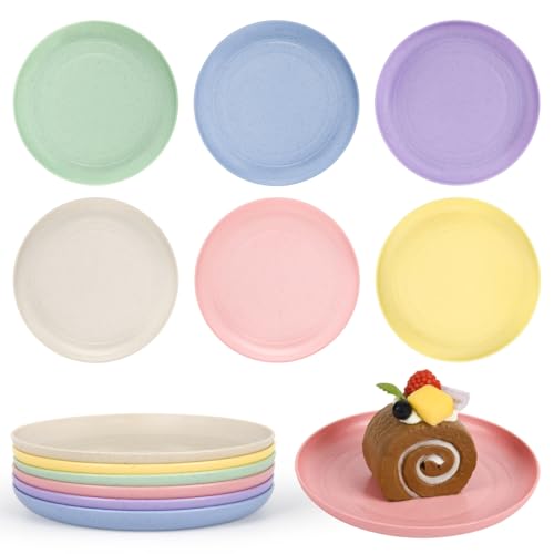BGHEOUYV 6 Inch Wheat Straw Plates, 6 Pack Small Plates, Lightweight Unbreakable Plastic Dinner Plates for Adult Dinner Camping Salad Dessert