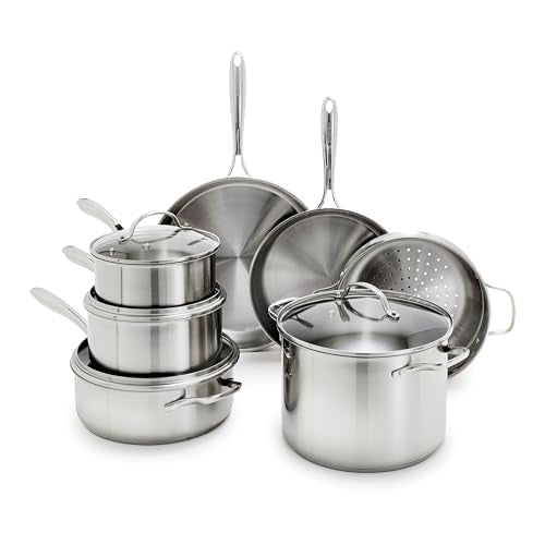 GreenPan Stainless Steel Cookware Set, 11 Piece Pots & Pans, Silver