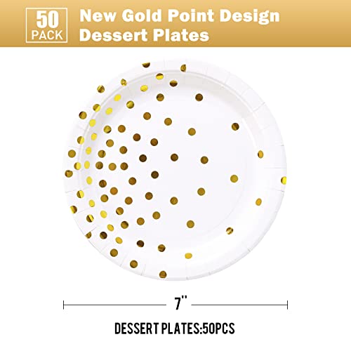 White and Gold Party Supplies,Gold Dot Paper Dessert Plates (50-Count) | 7inch Disposable White Gold Paper Party Plates for Birthday,Wedding,Bridal Showers,Christmas,Anniversaries,All Occasions