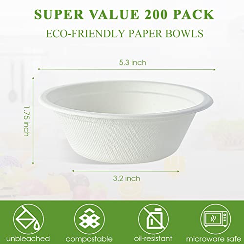 Vplus 200 Pack 12 OZ Compostable Paper Bowls, Bagasse Bowls，White | Disposable Compostable Bowls Bulk, Eco-friendly Bagasse Bowls, Heavy-duty Bowls, Perfect for Milk Cereals, Snacks, Salads