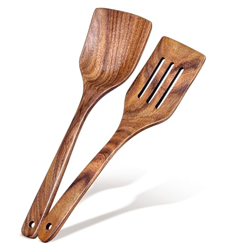 2Pcs Wooden Spatula, Acacia Solid & Slotted Turner Spatula Set, Long Handle Flat Frying Spatulas, Ideal Kitchen Gift for Mother and Grandma, Kitchen Utensils Set for Cooking, Frying, Baking