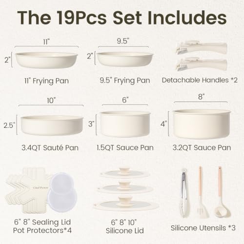 Chef Power 19 Pcs Nonstick Pans and Pots Set, Ceramic Detachable Cookware