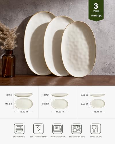 famiware Serving Platters Set of 3 Sizes - Oval, Vanilla White | 15.59"/14.3"/12.9" Fine Stoneware Serving Trays for Party, Entertaining for Food, Turkey, Cheese, Microwave Dishwasher Safe