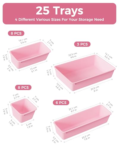 BiuLeon 25 PCS Plastic Drawer Organizers Set, 4-Sizes Vanity and Makeup Organizer, Desk and bathroom Drawer Organizer Trays, Organizers and Storage for Makeup, Jewelry, Gadgets, Utensils (Pink)