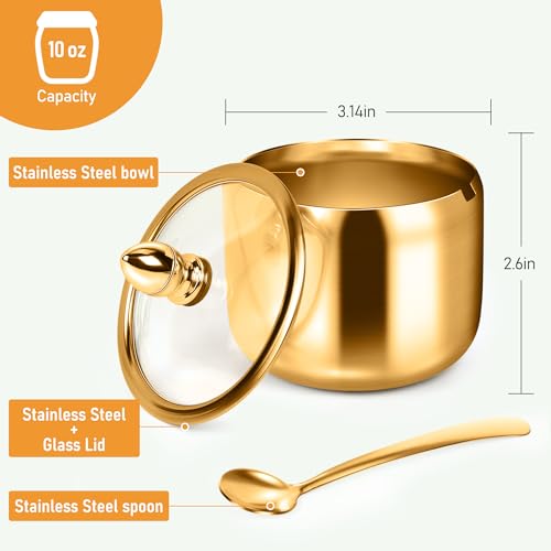holoith Sugar Container with Glass Lid and Spoon, Gold, 10oz