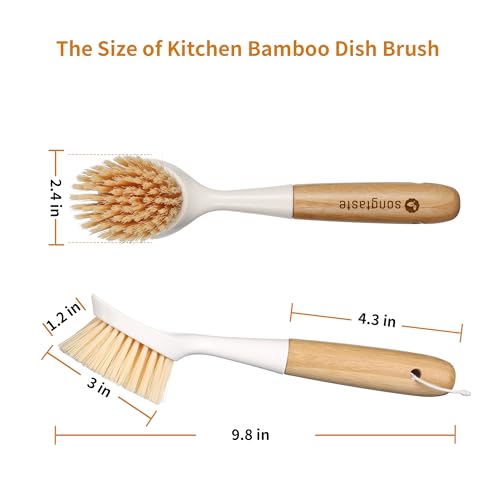 2 Pack Kitchen Dish Brush Bamboo Handle Dish Scrubber Built-in Scraper | Scrub Brush for Pans, Pots, Kitchen Sink Cleaning, Dishwashing and Cleaning Brushes are Perfect Cleaning Tools, White