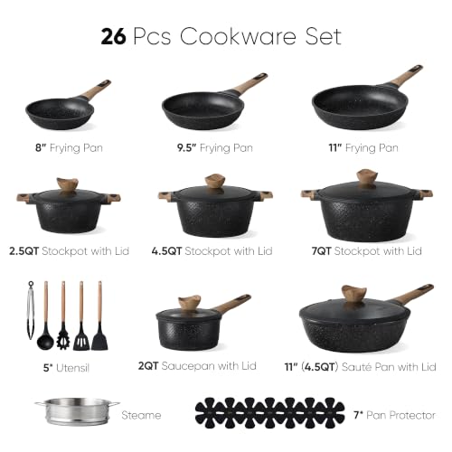 CAROTE 26pcs Non Stick Pots and Pans Set, Cookware Sets