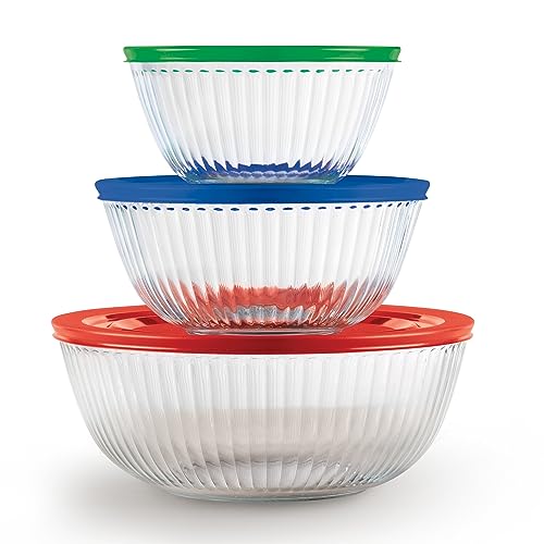 Pyrex Sculpted (3-Pack) Glass Mixing Bowls Set With Plastic Lids | For prepping, baking, & cooking, preheated oven, dishwasher, mircrowave & freezer safe