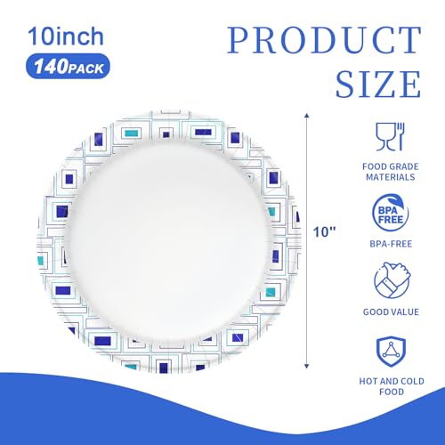 Lamosi 10 Inch Disposable Paper Plates, 140 Count Disposable Plates | Soak and Cut Proof Printed Heavy Duty Paper Plates for Everyday Use, Party, Wedding, Picnic, Family Gatherings