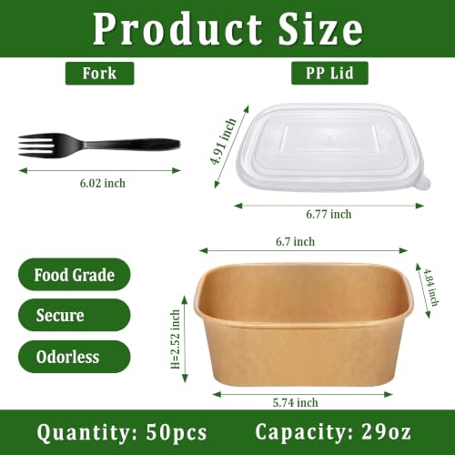 Pilruawim 50 Pack 29oz Disposable Meal Prep Containers with Lids and Forks, Microwave and Freezer Safe Kraft Paper Bowls for Salad Noodles, Take Out Containers for Hot/Cold Food