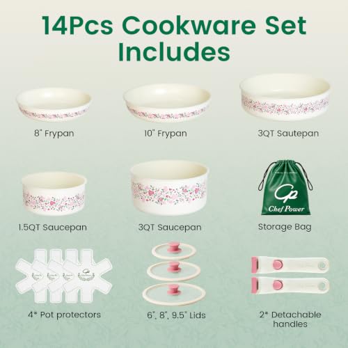 Chef Powe Ceramic Cookware Set Non Toxic, 14Pcs Detachable Pans and Pots