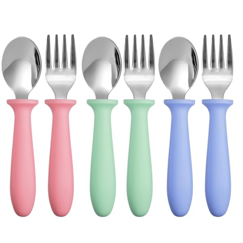 Pimoys Toddler Utensils Set, 6-Piece Kids Fork and Spoon Set | 18/8 Stainless steel with plastic handles, rounded edges, toddler-size, dishwasher safe