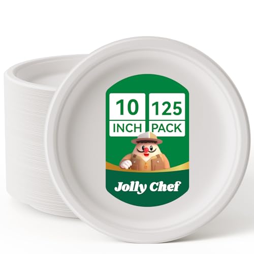 Compostable Heavy Duty 10 Inch 125 Pack Disposable Eco-Friendly Paper Plate | White Uncoated Plates Made of Bagasse Biodegradable for Hot Cold Food Party Dinner Sugarcane Fibers