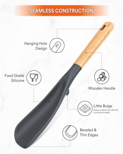 Badiano Silicone Cooking Spoon for Nonstick Cookwares, Multi-function,11.4" | Great for Cooking and Serving, Sturdy BPA-Free Matte Silicone, Wood Handle Spoon for Mixing, Scoop, and Scrape, Black & Grey