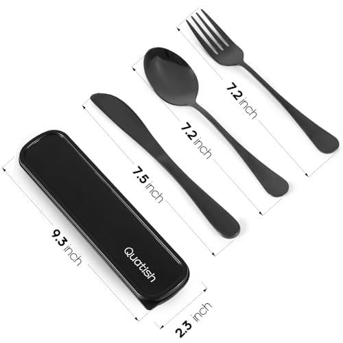 Quatish Travel Utensils with Case, Stainless Steel Cutlery Set, Black | Portable, Dishwasher Safe, Silverware Set, Reusable Camping Utensils, Fork and Spoon Set for Picnic, Camping, Work, Lunch Box