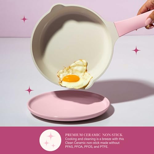 Paris Hilton Ceramic Nonstick Pots and Pans, Cookware Set, Cast Aluminum With Dual Layer Non Stick Coating, Made Without PFAS PFOA PFOS And PTFE, Dishwasher Safe, 10-Piece, Pink