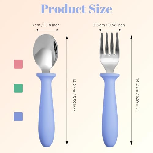Pimoys Toddler Utensils Set, 6-Piece Kids Fork and Spoon Set | 18/8 Stainless steel with plastic handles, rounded edges, toddler-size, dishwasher safe