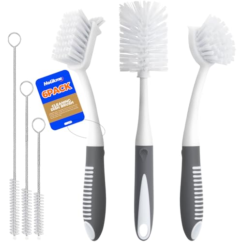 Holikme 6 Pack Dish Brush Set with Bottle Brush, Dish Scrub Brush,Gray | Pan Brush and 3 Straw Brushes, Deep Cleaning Handle Brush with Scraper Tip for Kitchen Sink Dishes Bottle Cup Pot and Pans