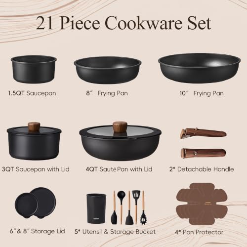 CAROTE 21pcs Pots and Pans Set Non Stick, Detachable Handle Cookware, Black | Induction Compatible, Dishwasher & Oven Safe, Space Saving, for Camping/RV/Traveling, Kitchen Cooking Set, House Warming Gift
