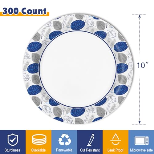 Ginkgo 300 Count Disposable Paper Plates 10 Inch Bulk | Soak Proof, Cut Resistant & Food Safe, Large Paper Dinner Plates for Everyday Use