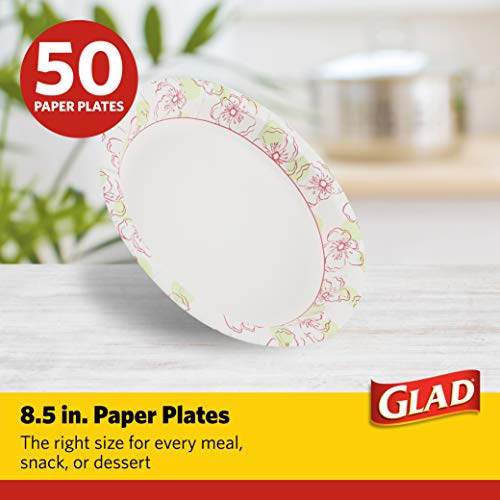 Glad Round Disposable Paper Plates, Pink Flower Pattern, 8.5 Inch, 50 Count | Coated paper, soak-proof and cut-resistant, microwave safe, dinner parties and everyday meals