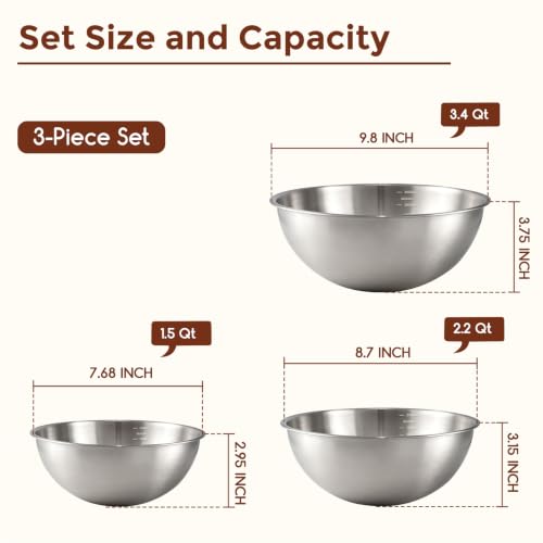 Gronivex Stainless Steel Mixing Bowls Set, 3-Piece (1.5, 2.2 & 3.4 Qt) | Food-Grade Metal, Dishwasher safe，Stackable Nesting & Space-Saving – For Kitchen Baking, Salads, Meal Prep, RV & Camping