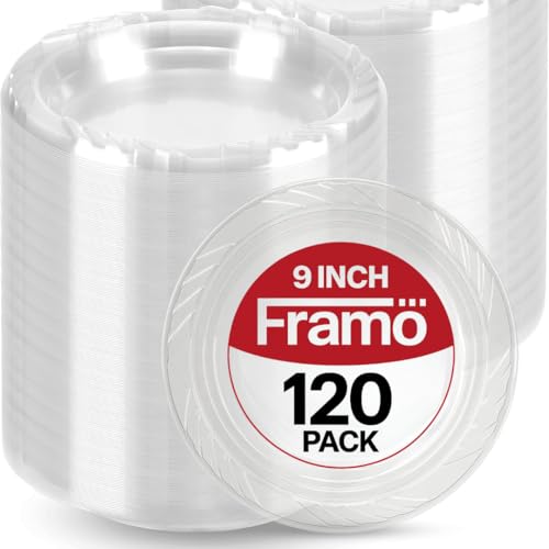 Framo 9 Inch Clear Plastic Dinner Plates 120 Pack, Heavy Duty Disposable | Look Like Real Dinnerware, Thick Rigid Food-Safe Plastic Holds Brisket, Lasagna And Baked Potatoes Without Bending