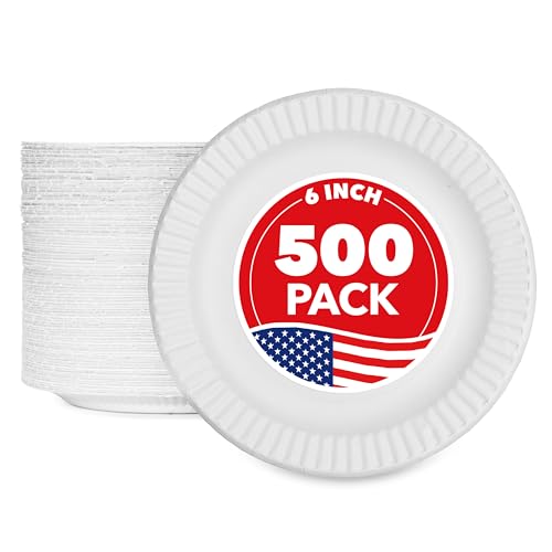 6-Inch Paper Plates Uncoated, Everyday Disposable Dessert Plates 6" Paper Plate Bulk, White, 500 Count, Stock Your Home