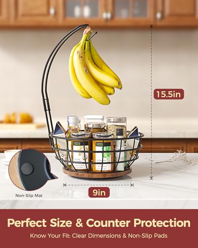 Sevenblue 360° Rotating Fruit Bowl for Kitchen Counter with Banana Holder | Stable Metal Basket with Wooden Lazy Susan Base, Upgraded Banana Hanger Prevents Bruising, Ideal for Fruits, Bananas & Snacks