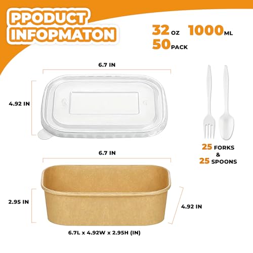 Kaderron 50 Pack 32 OZ Large Paper Bowls with Lids【with Spoons and Forks】, Heavy Duty Disposable Meal Prep Containers for Party, Disposable Bowls Bulk Soak-Proof and Microwave Safe for Hot/Cold Use
