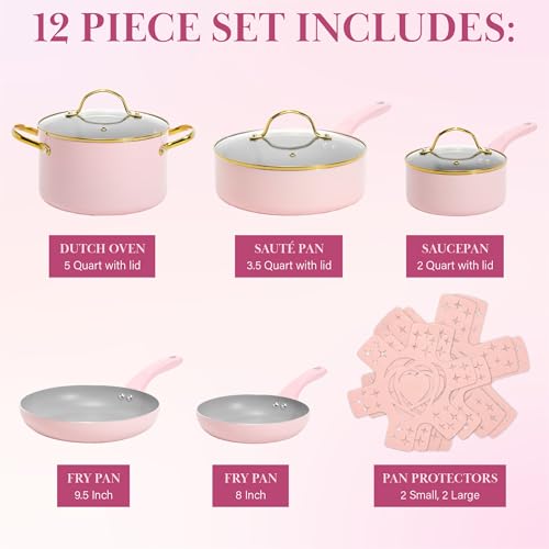 Paris Hilton Epic Nonstick Pots and Pans Set, Multi-layer Nonstick Coating, Tempered Glass Lids, Soft Touch, Stay Cool Handles, Made without PFOA, Dishwasher Safe Cookware Set, 12-Piece, Pink